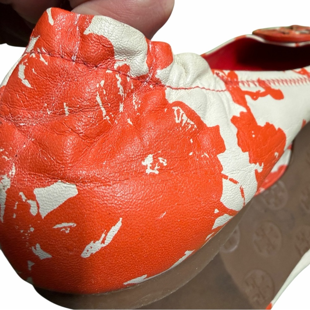 Tory Burch Red/ Orange  and White Patterned Flats - Picture 9 of 10